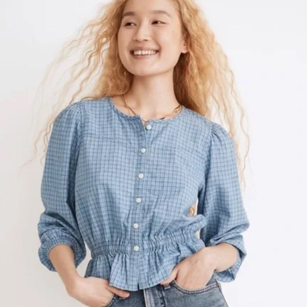 Madewell Chambray Puff-Sleeve Peplum Top in Windowpane Blue – Size S Style NE213